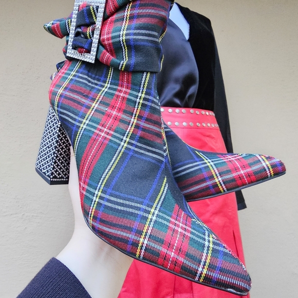 Betsy Johnson Millburn Tartan Stewart Royal Plaid Rhinestone Chunky Boot Sz 7.5 - Picture 3 of 6